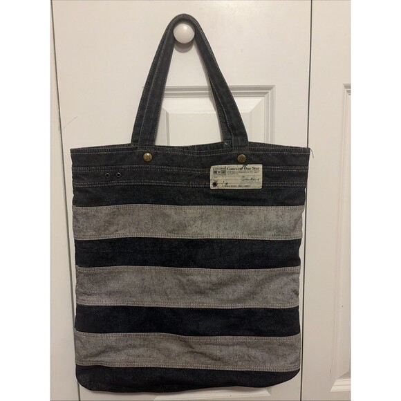 CONVERSE One Star Blue/Gray Stripe Stitched Denim Tote Bag 16"x18"x3" 1974 Logo - Picture 2 of 6